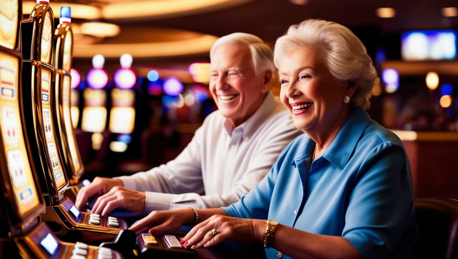 Seniors enjoying a slot machine tournament with excitement